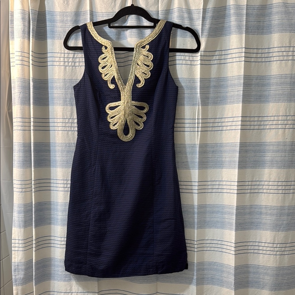 Lilly Pulitzer Navy Blue Gold Embroidered Embellished Janice Shift